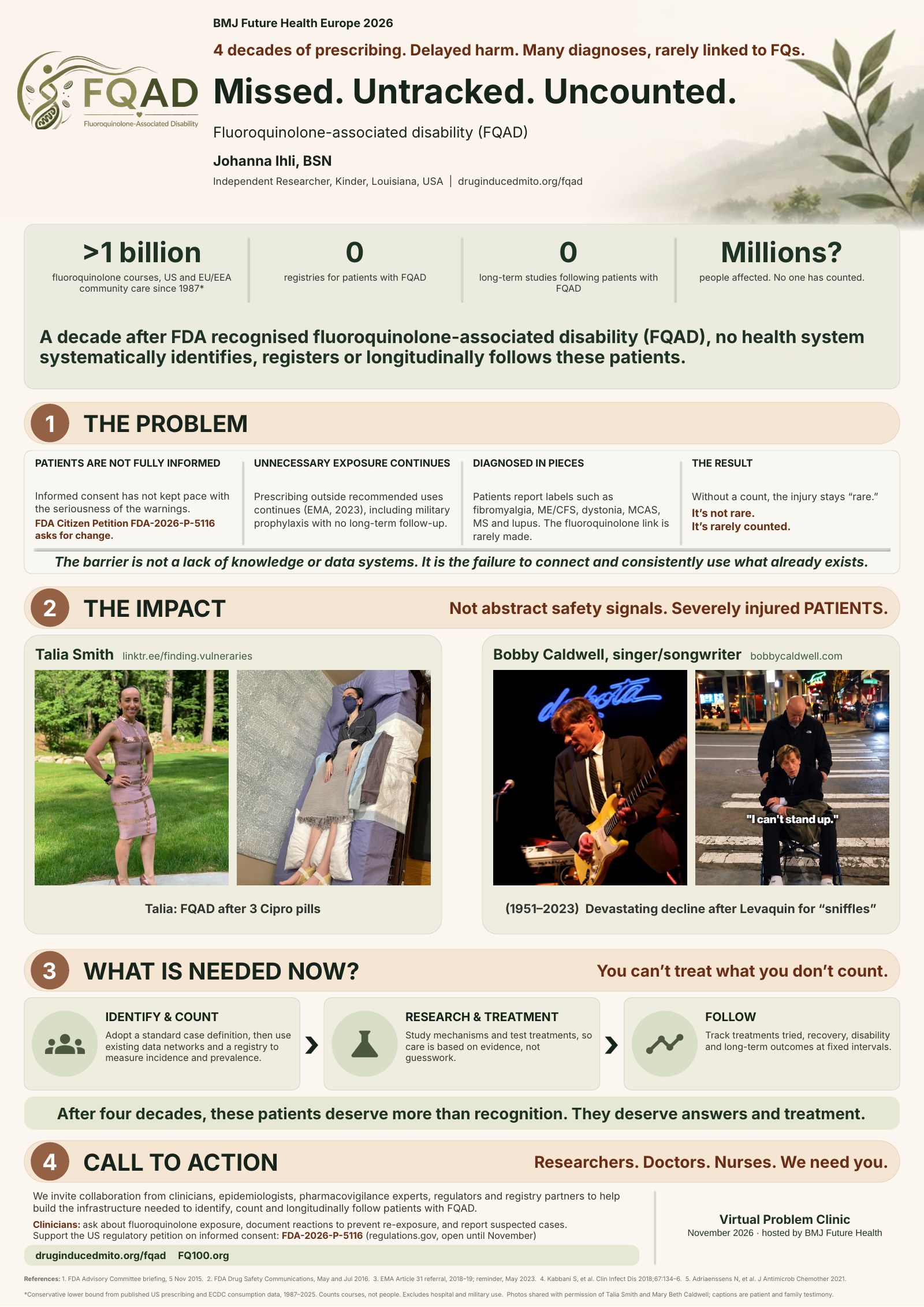 ePoster: Missed. Untracked. Uncounted. Fluoroquinolone-associated disability (FQAD), by Johanna Ihli, BSN. Sections: the problem, the impact, what is needed now, and a call to action.